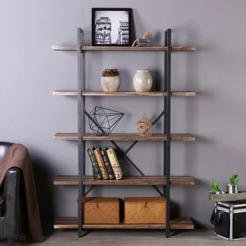 A Jameson Industrial 5 Tier Shelving Unit with a black steel frame and five rustic wooden shelves, styled with decorative items.
