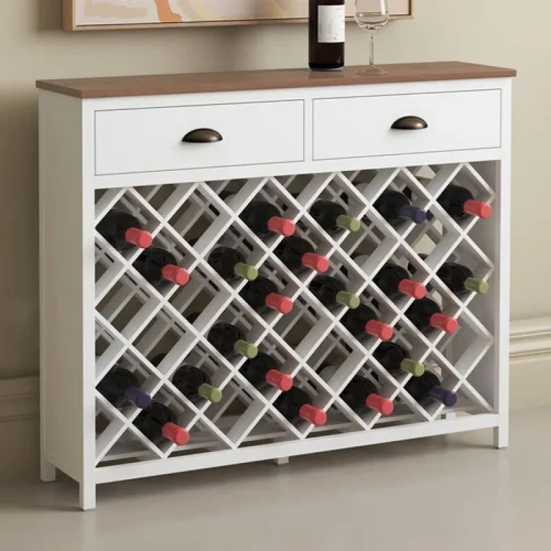 A white and natural wood wine rack with a criss-cross design holding up to 33 bottles, featuring two drawers on top and a wooden countertop.