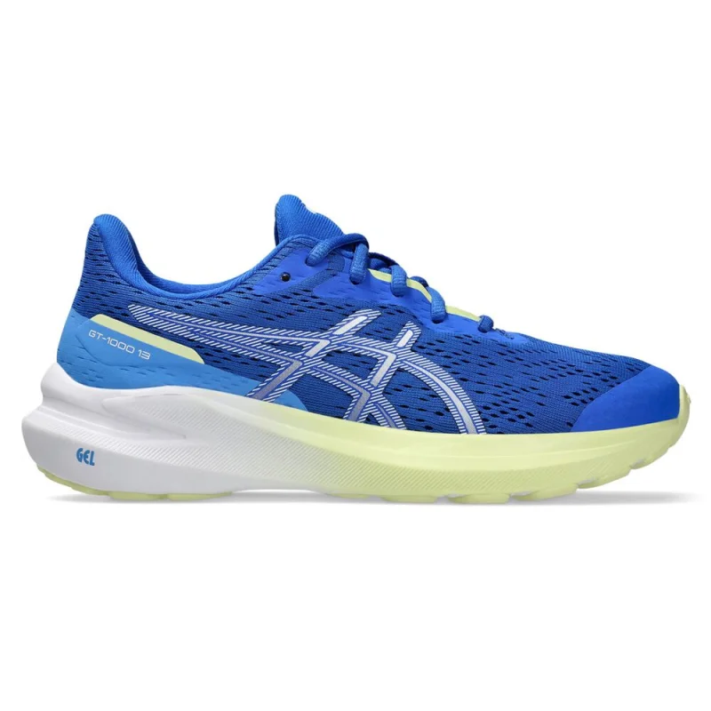 Side view of a blue Asics GT 1000 13 GS kids running shoe with white and yellow accents, featuring GEL technology in the sole.