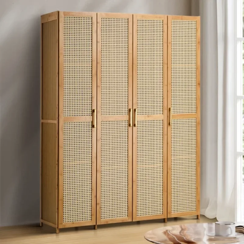 A light wood 4-door wardrobe with rattan cane detailing on the doors and gold handles.