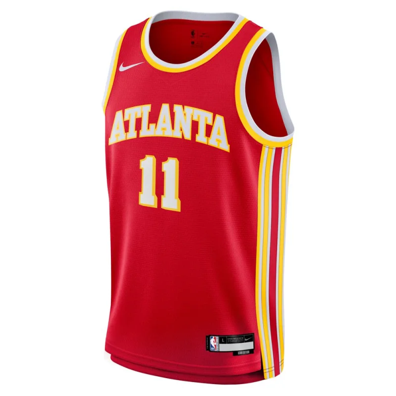 Red Atlanta Hawks Kids Trae Young #11 Icon Edition Basketball Jersey with yellow and white trim.