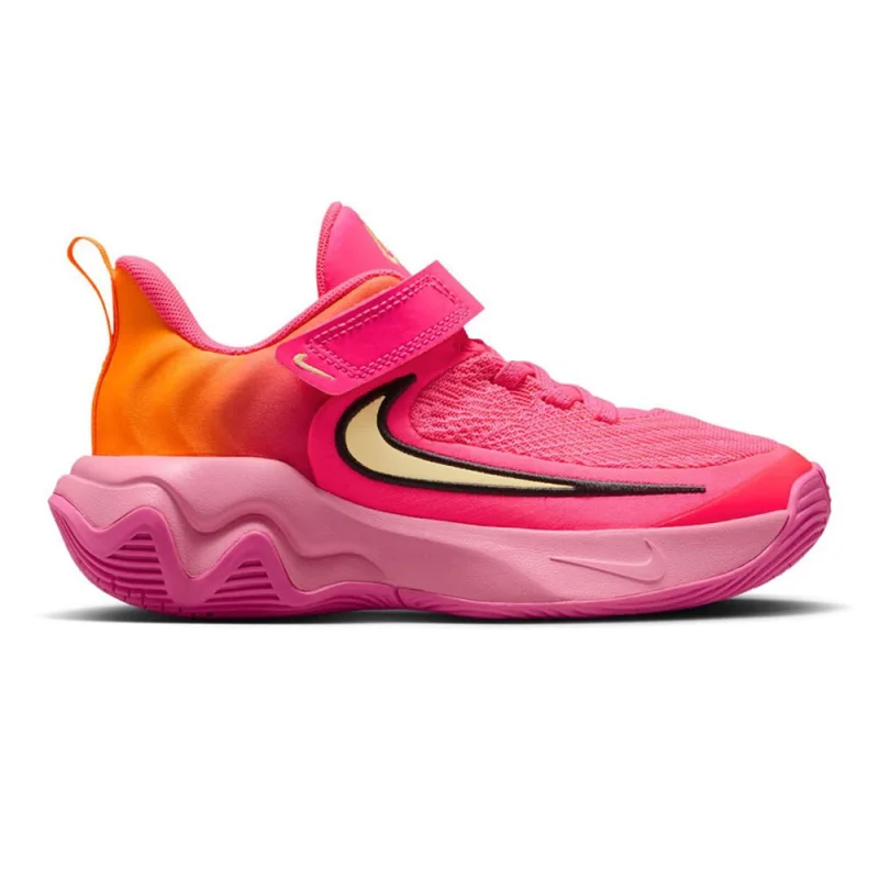 Side view of a pink and orange Nike Giannis Immortality 4 PS kids' basketball shoe with a hook-and-loop strap and a backwards Swoosh logo.