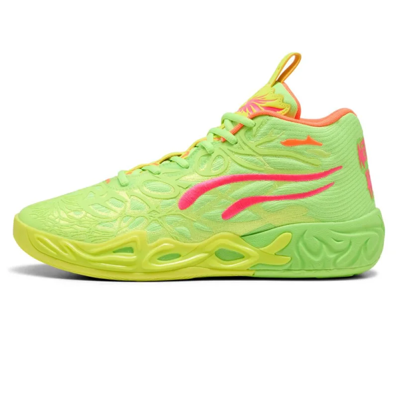 A neon lime green Puma MB.04 GEM basketball shoe with pink accents and a yellow sole, featuring alien tentacle-inspired detailing.