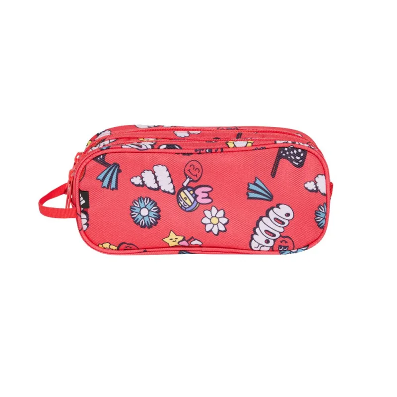 Red adidas pencil case for juniors featuring a playful graphic print with clouds, flowers, stars, and the adidas logo.