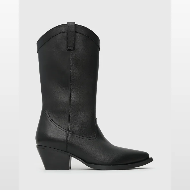 A single black leather western boot with a pointed toe and block heel, shown from the side against a plain grey background.