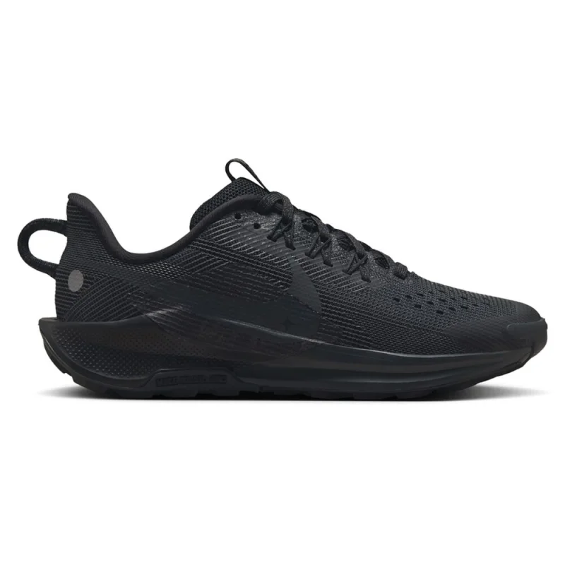 Side view of a black Nike Pegasus Trail 5 GS kids' trail running shoe, showing the mesh upper, laces, and grippy outsole.