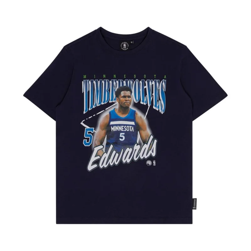 Navy blue kids' vintage t-shirt featuring a retro graphic of Minnesota Timberwolves player Anthony Edwards with his name and number 5, and the team name 'Timberwolves'.