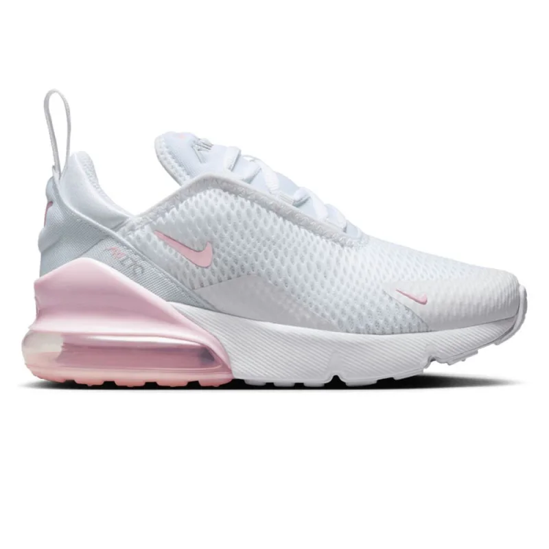 Nike Air Max 270 PS Kids Casual Shoes in white with pink accents and a large pink Air Max unit in the heel.