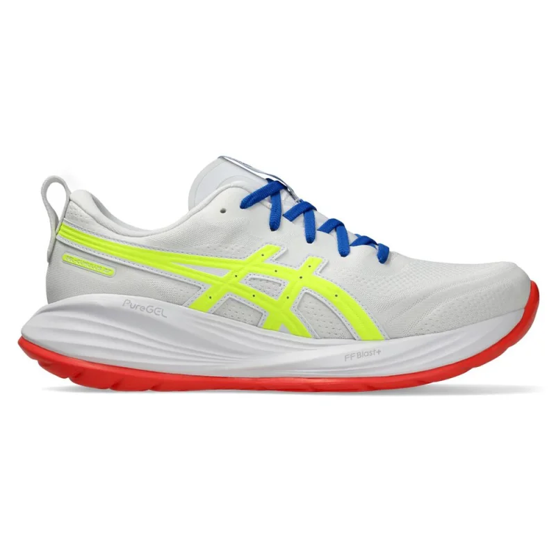 Side view of a white Asics GEL-Cumulus 27 men's running shoe with bright yellow Asics stripes, blue laces, and a red outsole.