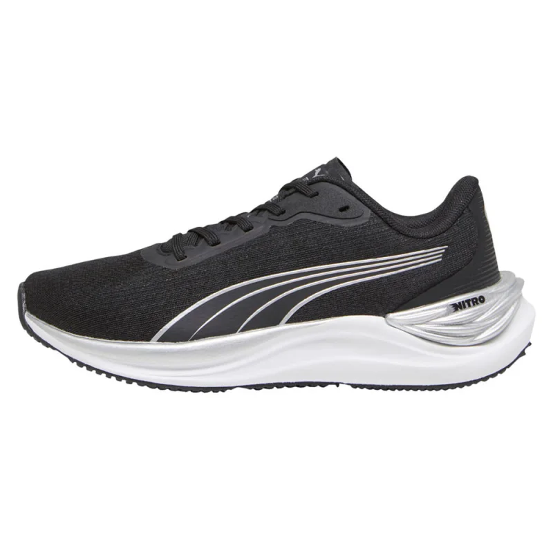 Side view of a black Puma Electrify Nitro 3 GS kids running shoe with silver accents and a white sole.