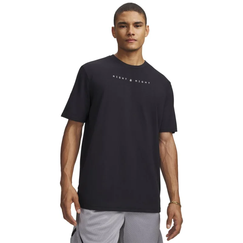 Man wearing a black Under Armour Curry Night Night t-shirt with white text graphic on the chest.