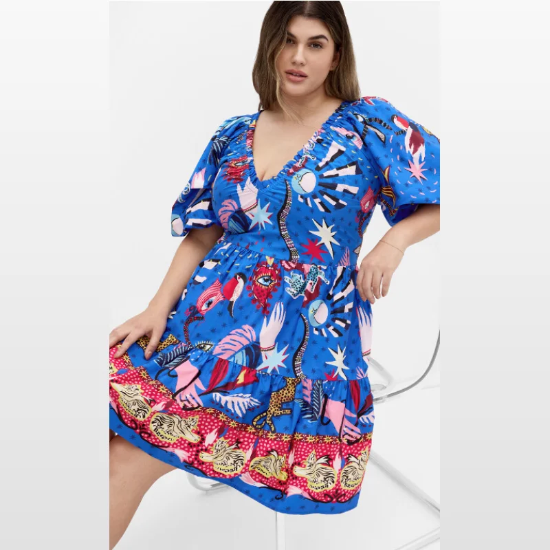 Citychic Simona Print Puff Sleeve Mini Dress - Blue