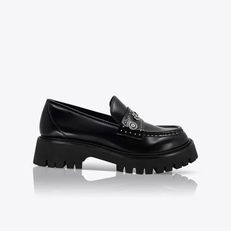 A single black leather loafer with a chunky lug sole and silver-tone hardware across the vamp, presented on a white background.