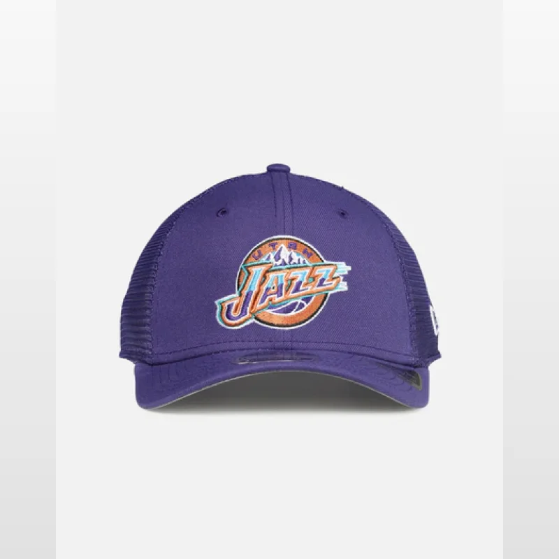 Purple Utah Jazz trucker snapback cap with embroidered team logo on the front and mesh back panels.