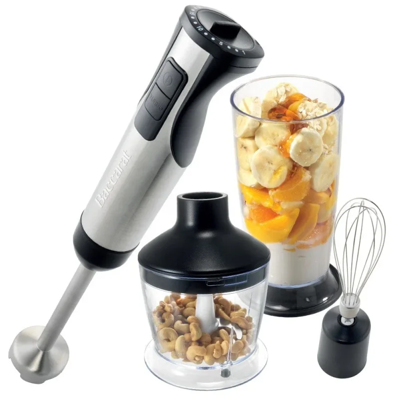 Baccarat The Quick Mix Stick Blender Set showing the motor unit, mini processor with cashews, blending beaker with fruit, and whisk attachment.