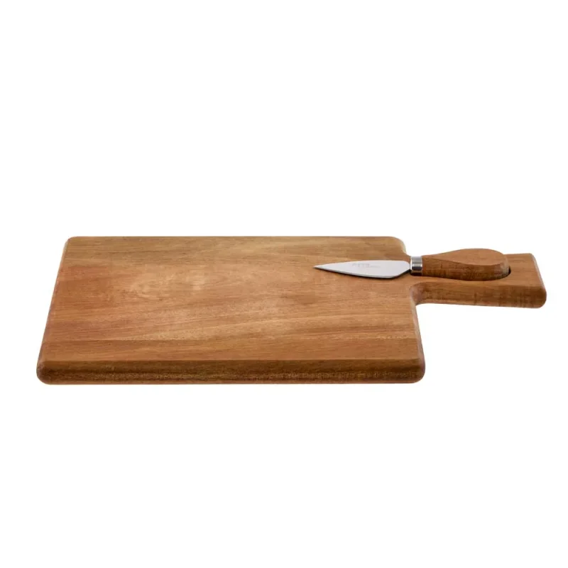 A rectangular acacia wood cheese board with a built-in handle and a cheese knife with a wooden handle resting in the board's handle.
