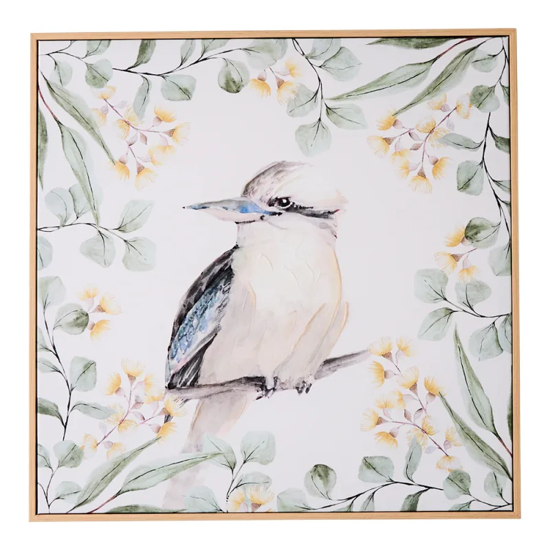 A watercolour painting of a kookaburra perched on a branch, surrounded by eucalyptus leaves and native Australian yellow flowers, framed in natural timber.