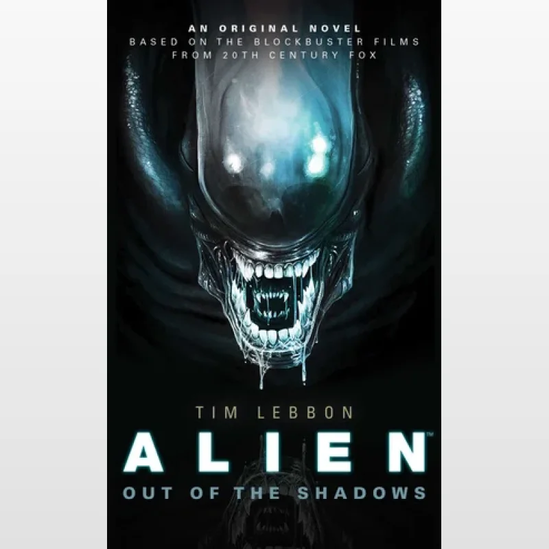 Book cover for Alien: Out of the Shadows, featuring a close-up of a Xenomorph's head with glowing eyes and sharp teeth, against a dark background.