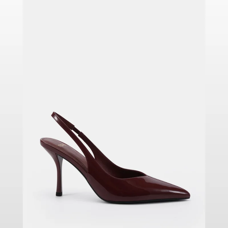 A single plum patent leather slingback stiletto heel with a pointed toe, shown against a white background.