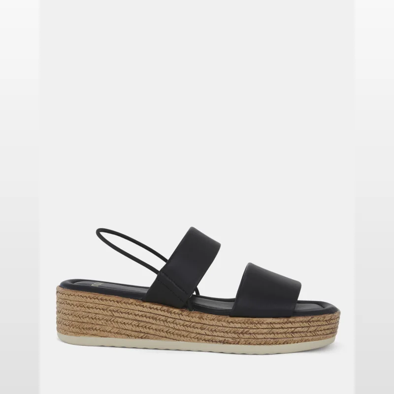 Black Novoshoes WYLIE wedge sandals with dual leather-look straps, espadrille platform, and slingback ankle strap.