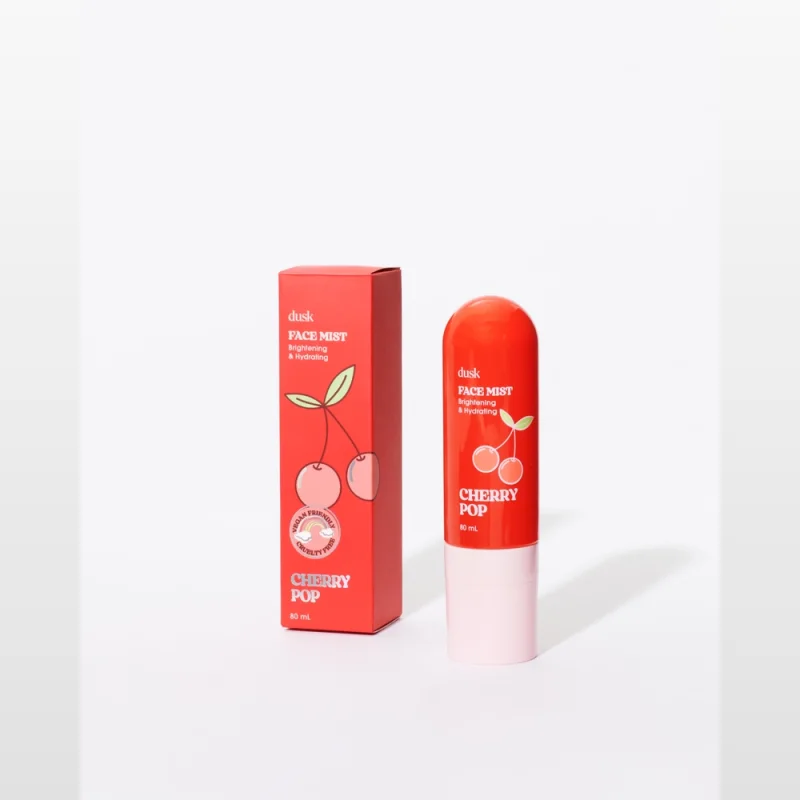 Dusk Cherry Pop Face Mist 80 mL product packaging and bottle, featuring cherry illustrations and a pink base.