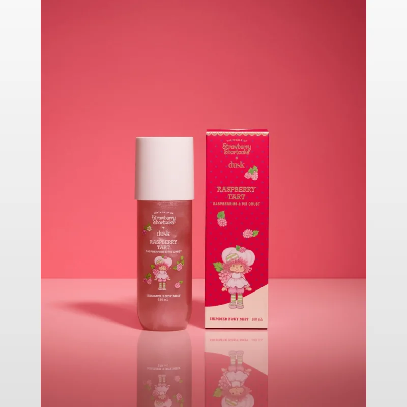 Dusk Raspberry Tart Shimmer Body Mist 150mL bottle and box featuring Strawberry Shortcake character and raspberry motifs against a pink background.
