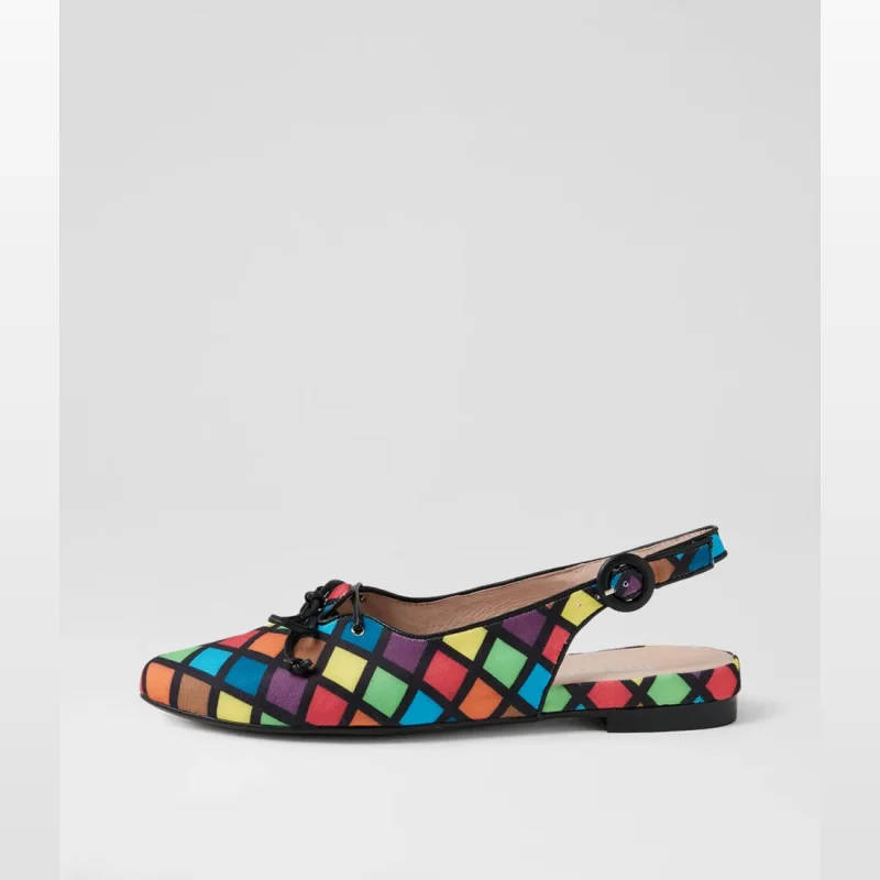 Side view of a Frossies Black Bright Harlequin Fabric Flat Slingback Shoe, featuring a colourful diamond pattern, laced front, and buckled ankle strap.