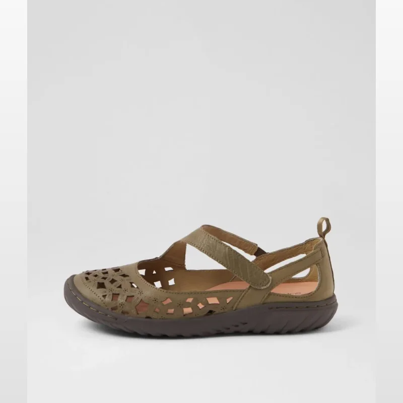 Side view of a Teasi Khaki Dark Brown Leather Flat Shoe with a cut-out floral pattern on the toe and a single strap across the foot.