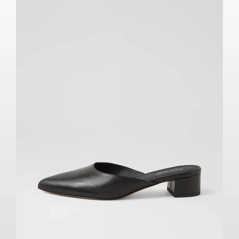 Black leather pointed toe low block heel mule by Diana Ferrari.