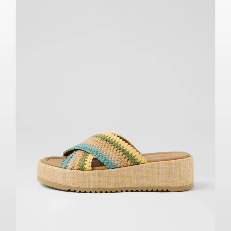 Zerzule Blue Zigzag Fabric Sandals with crossover straps and a medium platform sole, featuring a woven texture in multicoloured zigzag pattern.