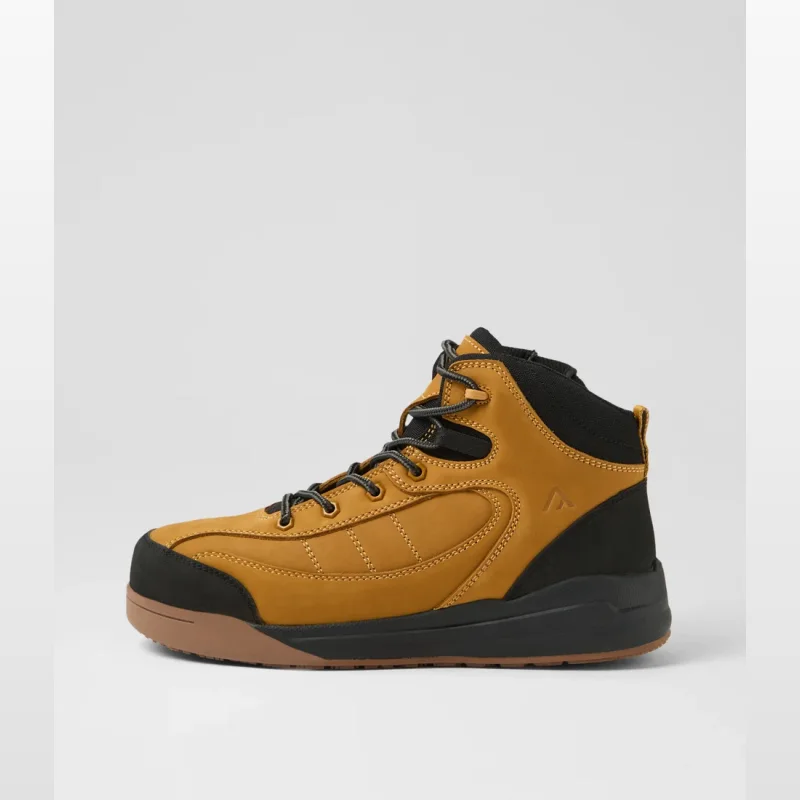 Side view of a Kembla wheat nubuck lace-up work boot with black accents and a brown sole.