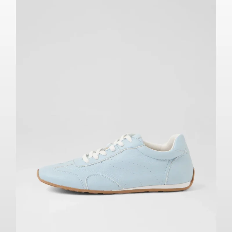 A light blue leather sneaker with white laces and a brown sole, shown from the side.