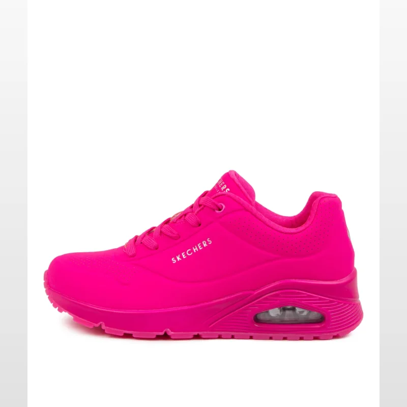 Side view of a hot pink Skechers Uno-Night Shades women's sneaker with laces and visible air cushioning in the sole.