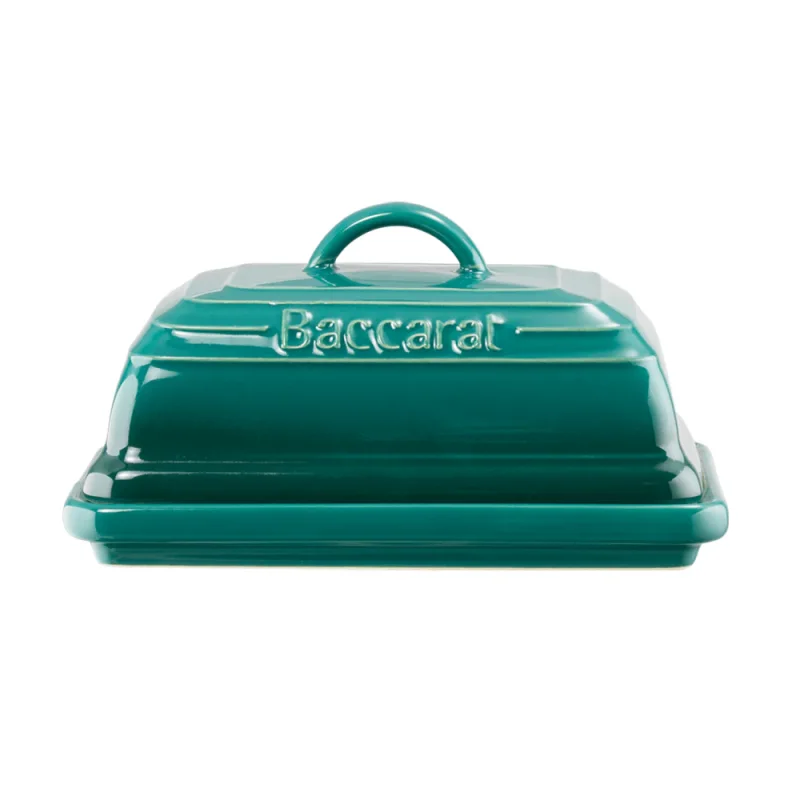 White Baccarat Le Connoisseur stoneware butter dish with a lid and handle, embossed with the Baccarat logo.