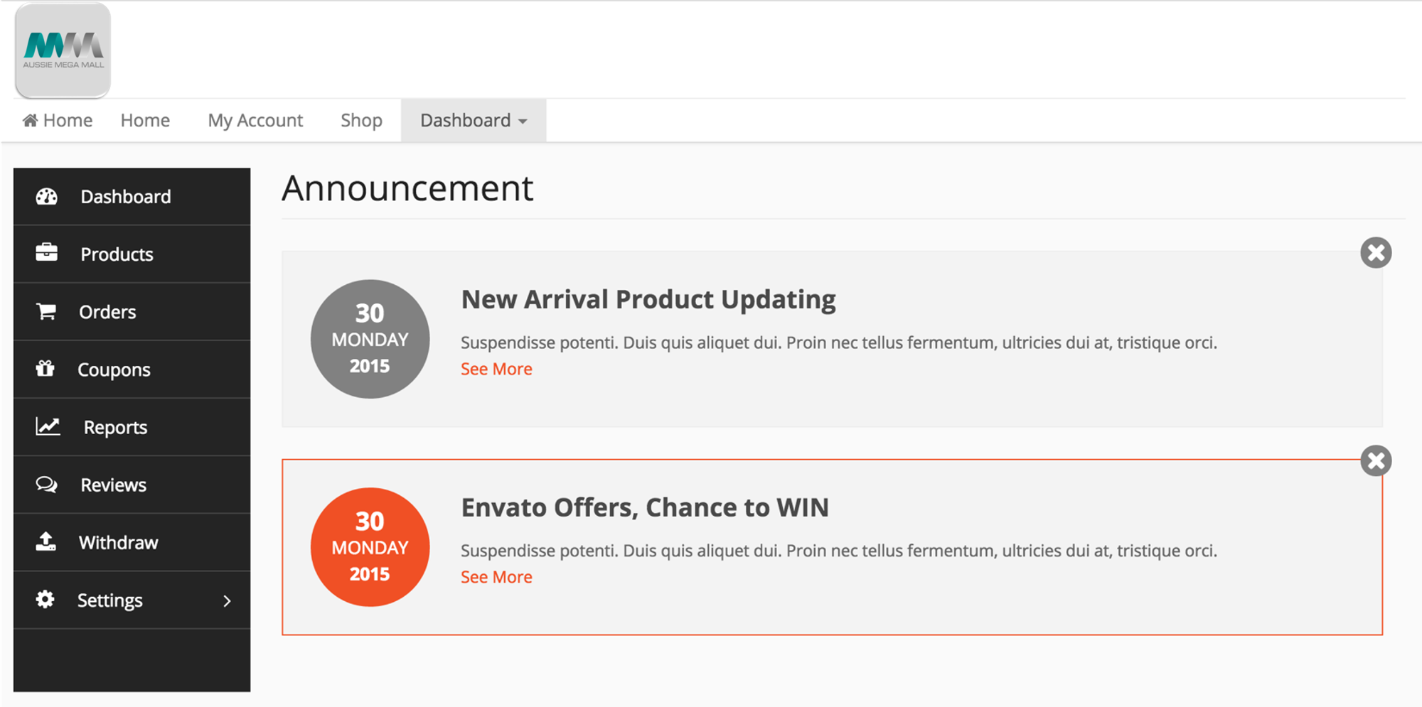 Admin Announcement System for Seller