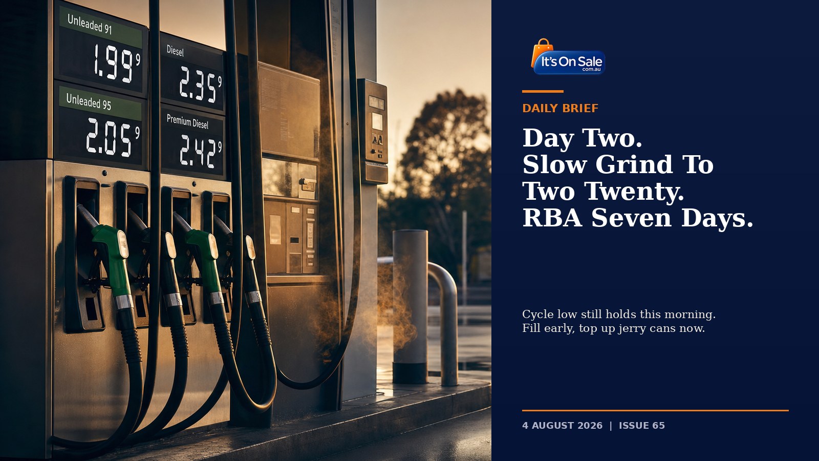 Editorial hero image for Its On Sale Daily Brief Issue 65, 4 August 2026, fuel cliff day two.