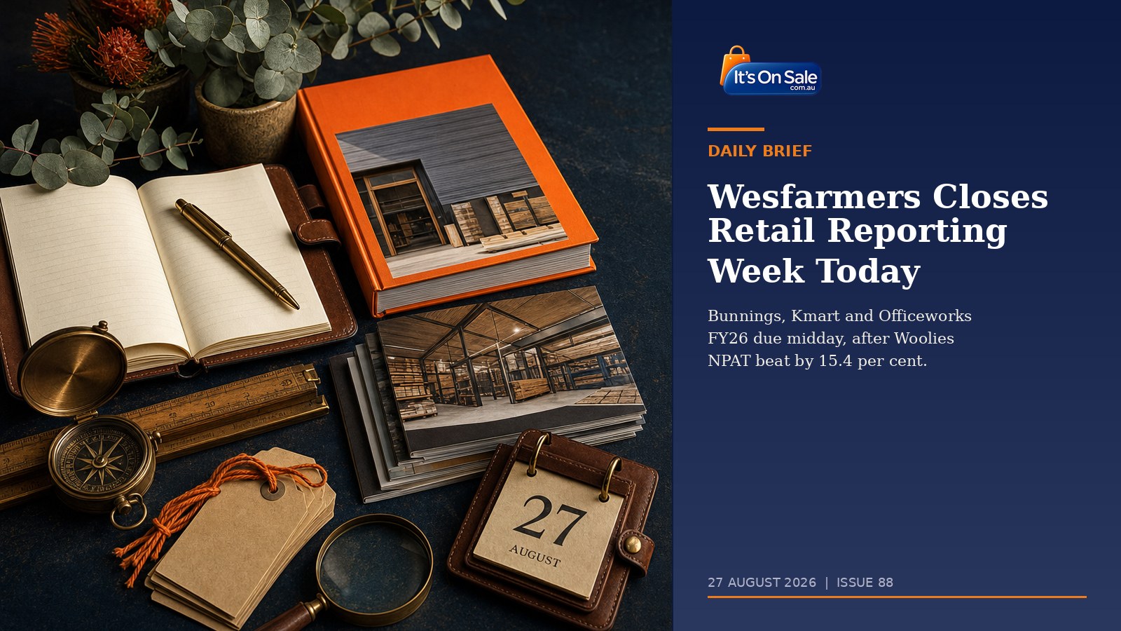 Editorial flat-lay with brass compass leather journal orange hardware catalogue and a 27 August calendar