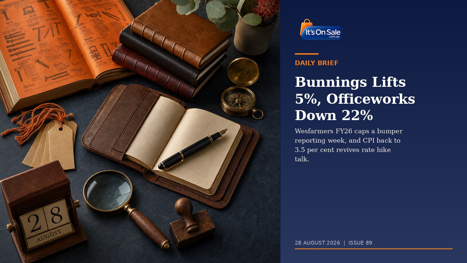 Editorial flat-lay hardware catalogue leather journal brass compass and 28 August calendar