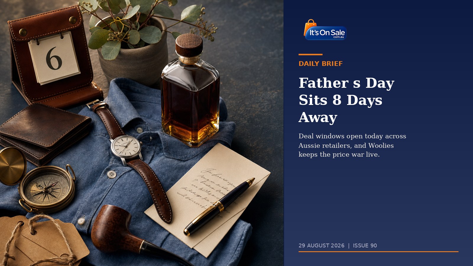 Editorial flat-lay leather wallet vintage watch whisky chambray shirt and 6 September calendar