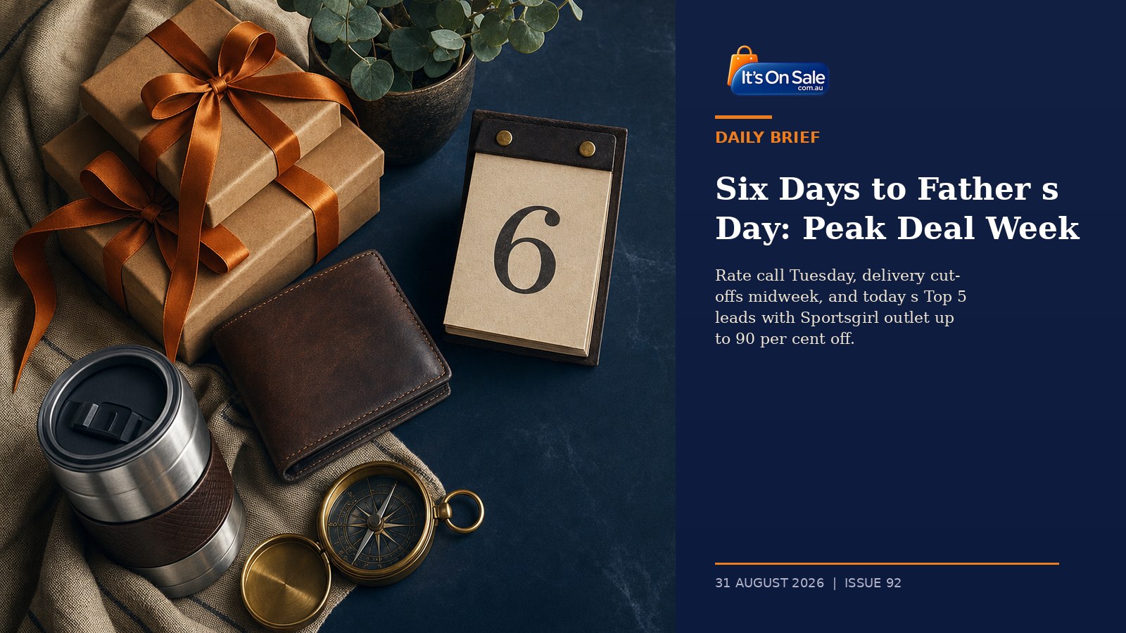 Editorial flat lay with kraft wrapped gift boxes orange ribbons eucalyptus leather wallet brass compass steel travel cup and a calendar showing 6
