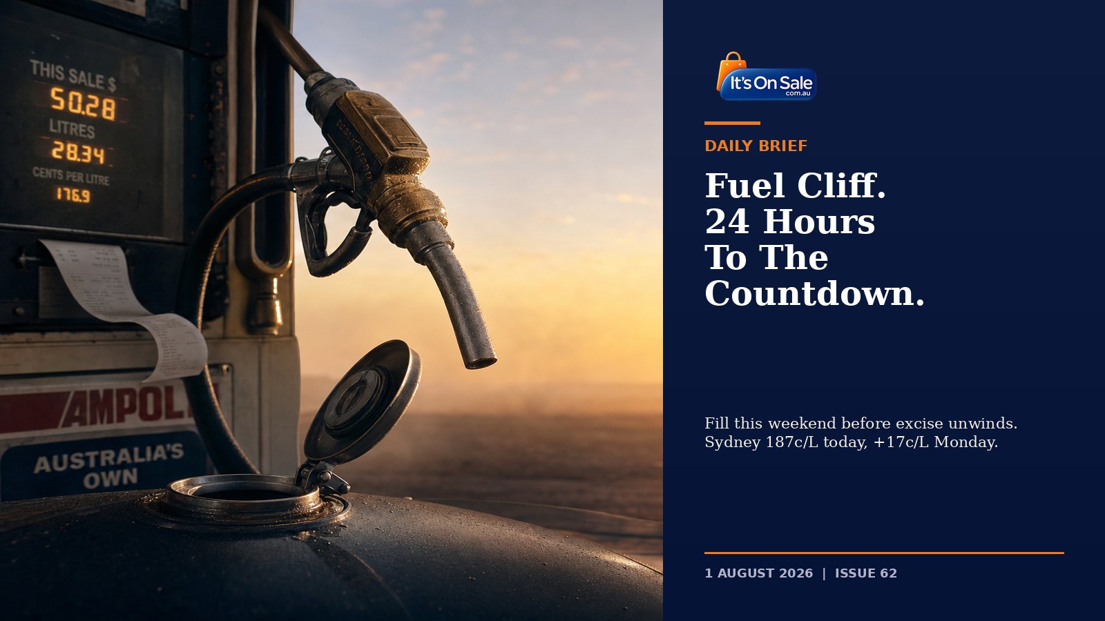 Editorial hero: brass petrol pump nozzle over open fuel tank, receipts curling, dawn light, navy panel with orange rule