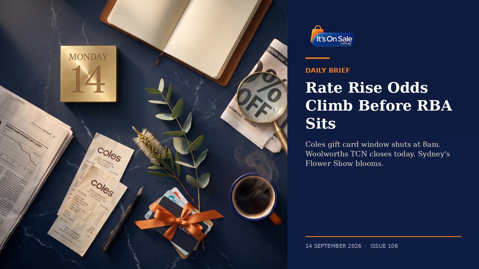 Editorial navy marble flat lay with brass MONDAY 14 calendar tile, Coles receipts, RBA rate chart, and orange ribboned gift cards
